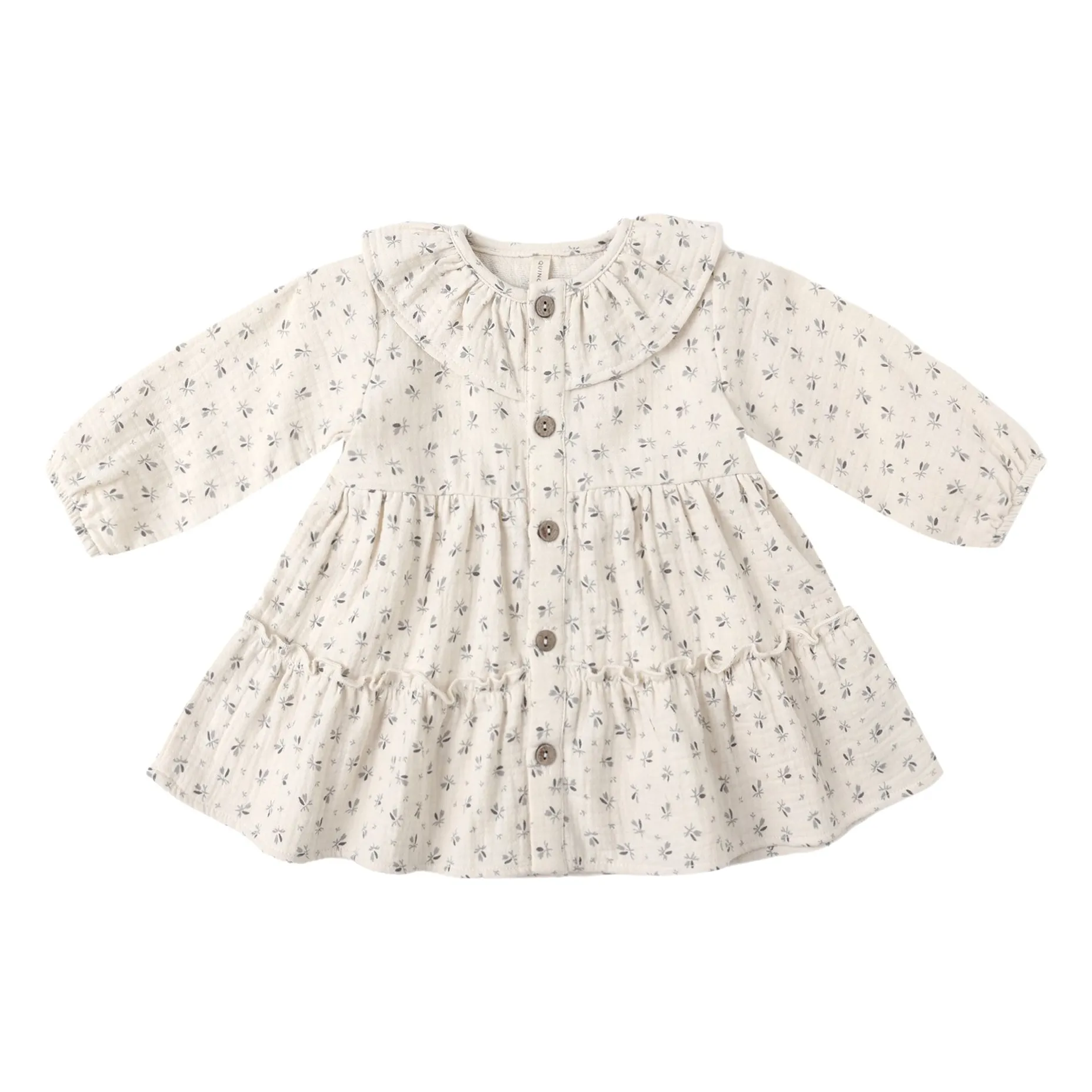 Quincy Mae Ecru Organic Cotton Gauze Floral Ruffle Dress