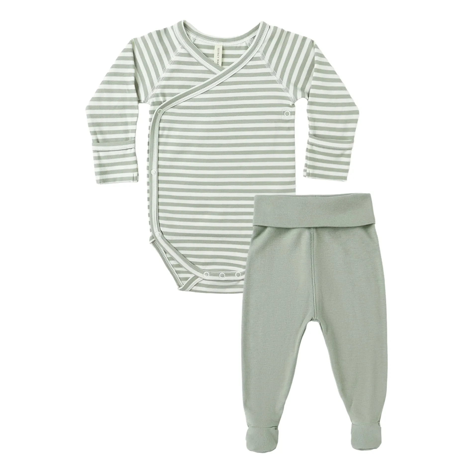 Quincy Mae Celadon Organic Cotton Striped Bodysuit And Leggings Set