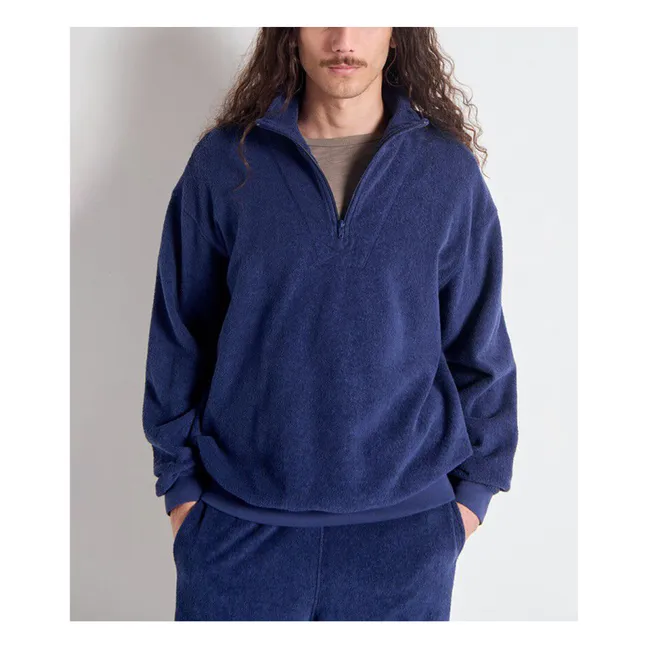 Sweat Col Zippé Bobypark Bouclette Coton Bio | Bleu foncé