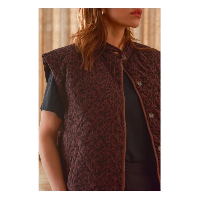 Ärmellose Jacke Charlie Leopard Double Gaze aus Baumwolle - Damenkollektion | Schokoladenbraun