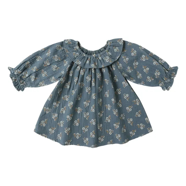Robe Isla Fleurie Gaze de Coton Bio | Bleu gris