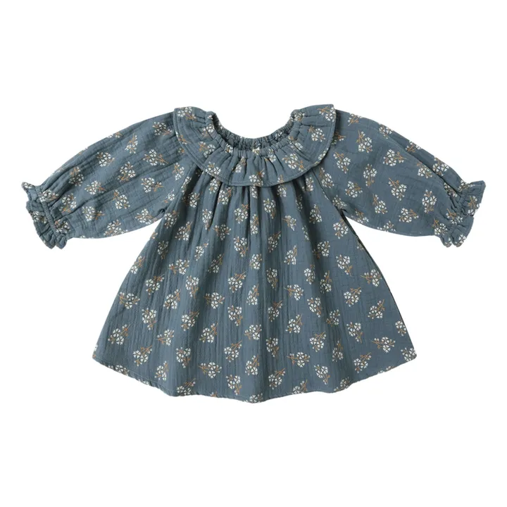 Robe Isla Fleurie Gaze de Coton Bio | Bleu gris- Image produit n°0
