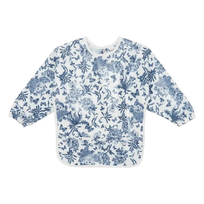 Toile de Jouy coated bib with sleeves | Navy blue