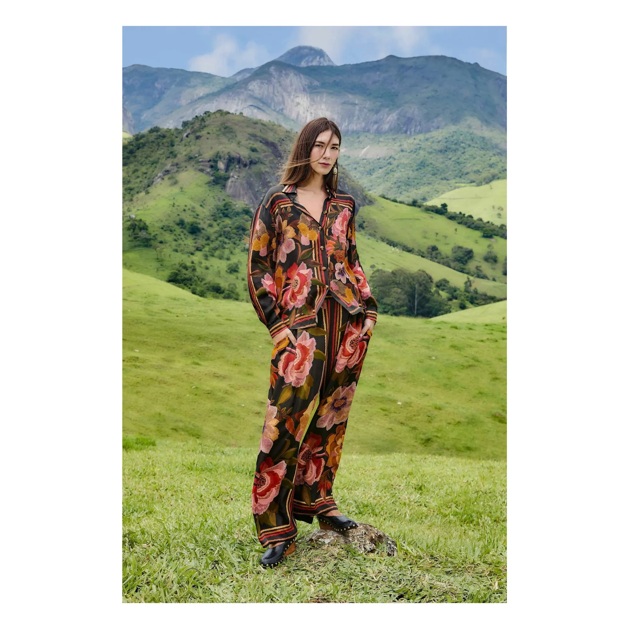 Farm Rio Black Chenille Flowers Shirt