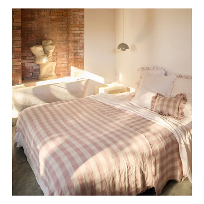 Coussin à volants en lin lavé Vichy Cottage | Bois de rose