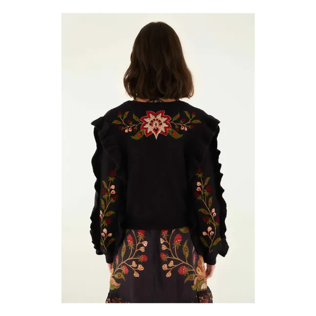 Beerenbestickte Strickjacke | Schwarz