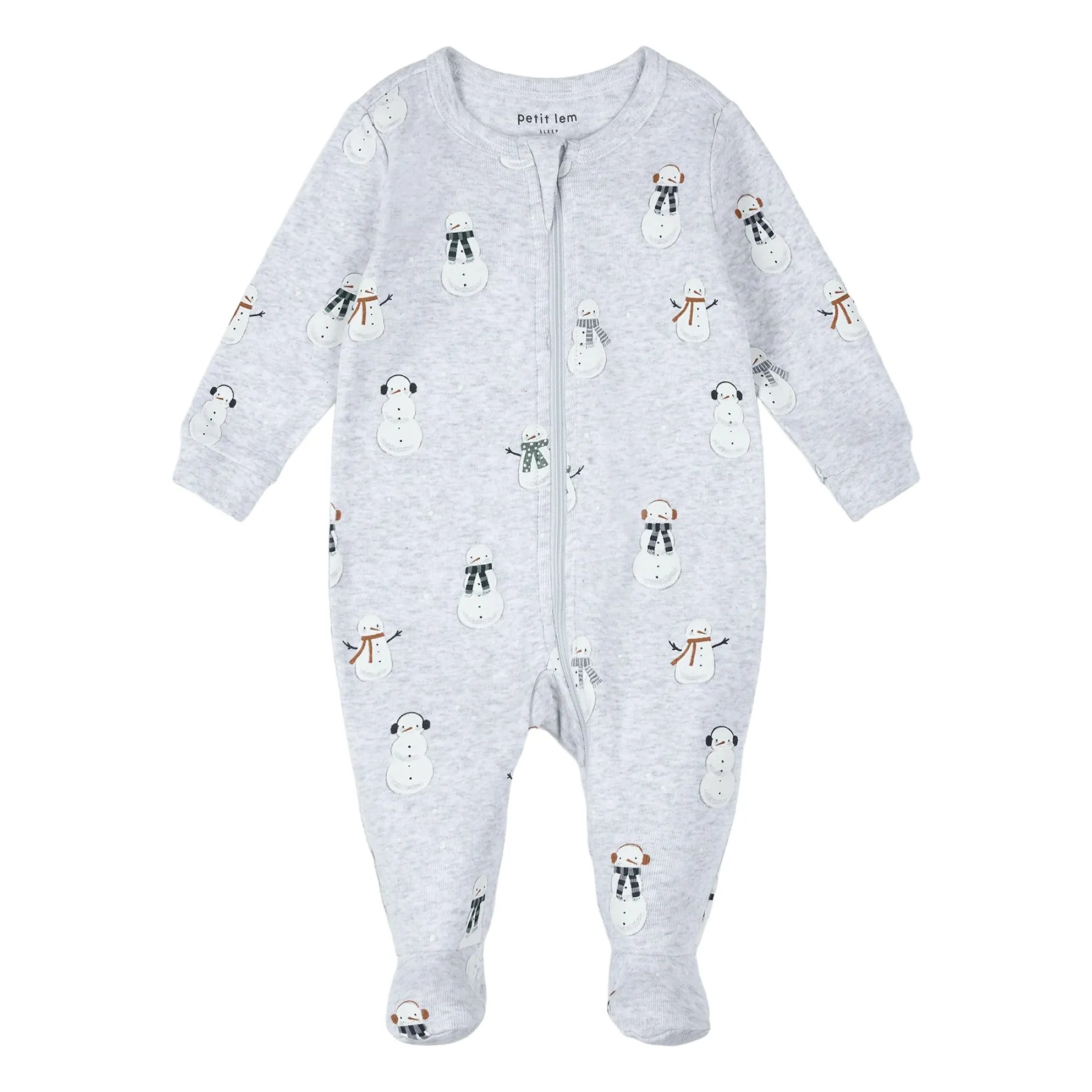 Petit Lem Grey Pyjamas With Feet Snowmen Organic Cotton