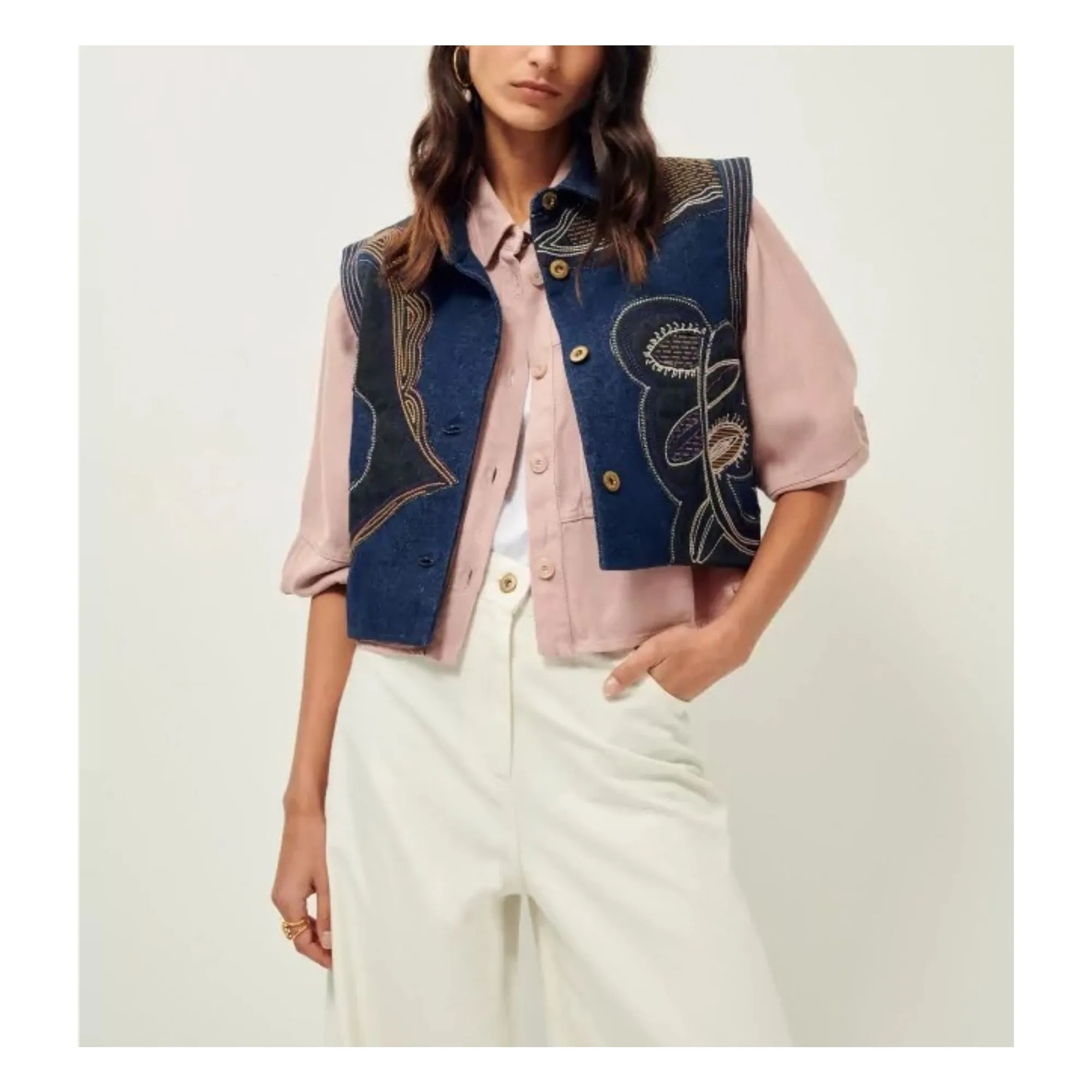 Sessùn Denim Moorfolk Embroidered Sleeveless Jacket