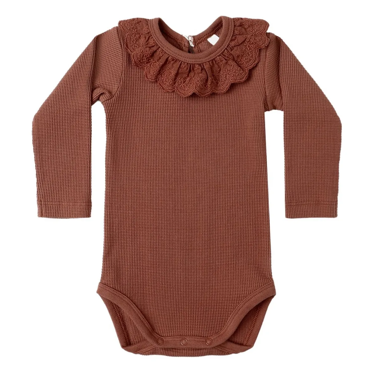 Quincy Mae Rouge Brun Mesh Ruffled Neck Bodysuit