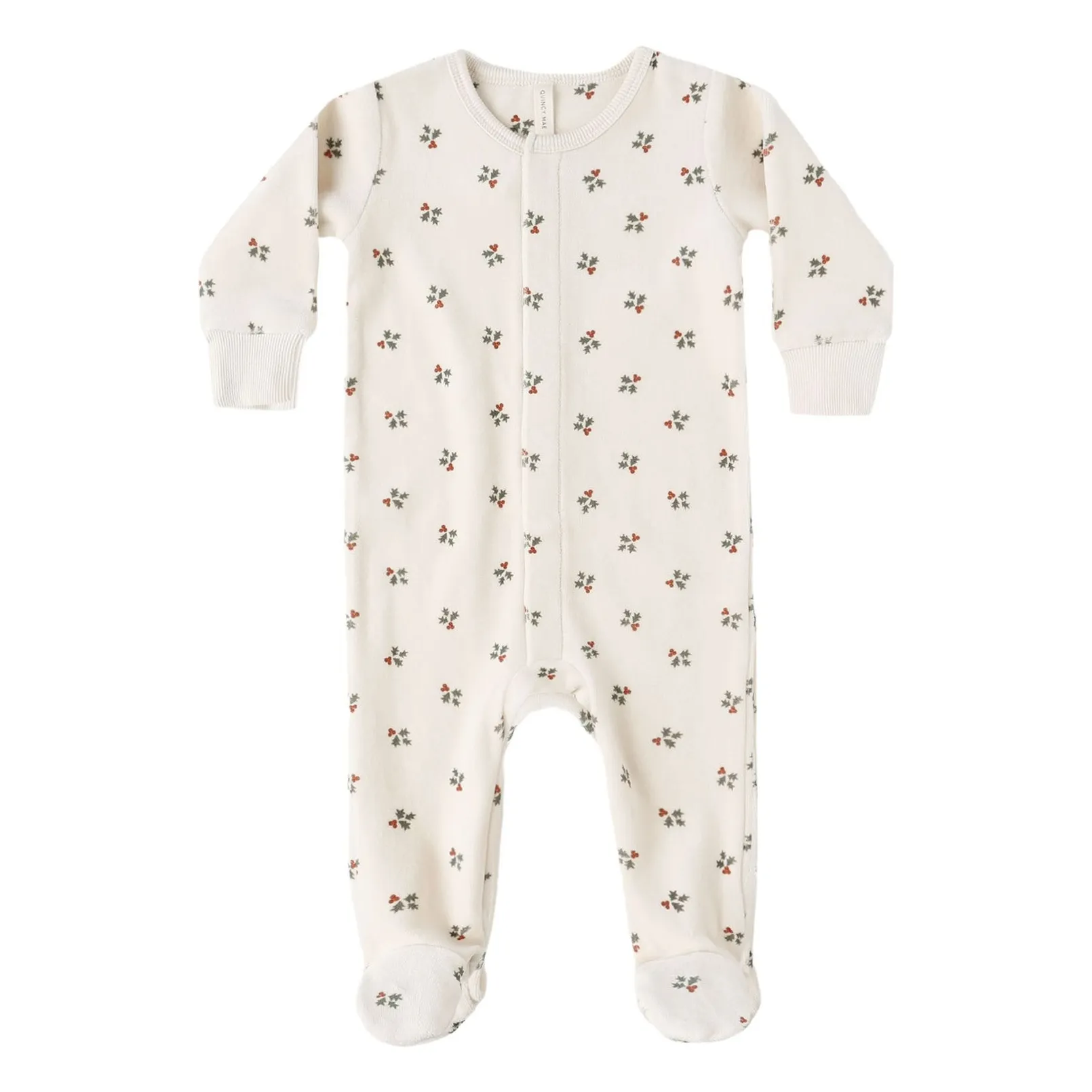Quincy Mae Ecru Holly Berry Footed Jumpsuit