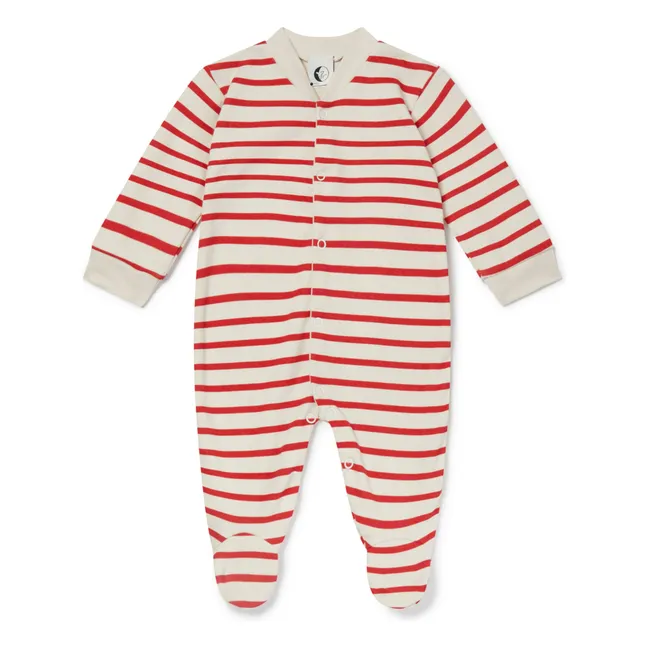 Organic cotton striped pyjamas with feet | Red