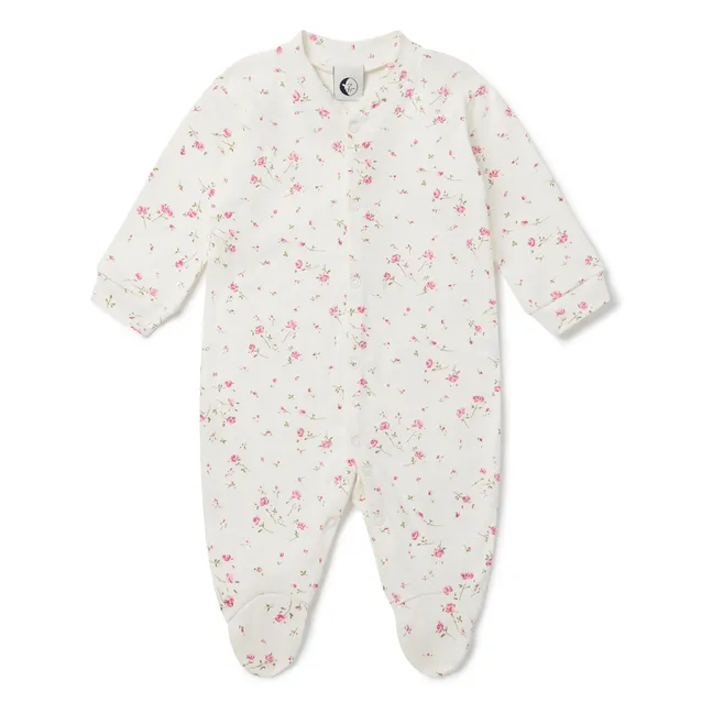 Pyjama avec pieds Fleuri Coton Bio | Blanc