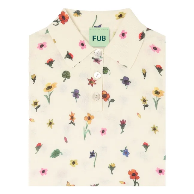 Polo in cotone biologico a maglia extra fine a fiori | Ecru
