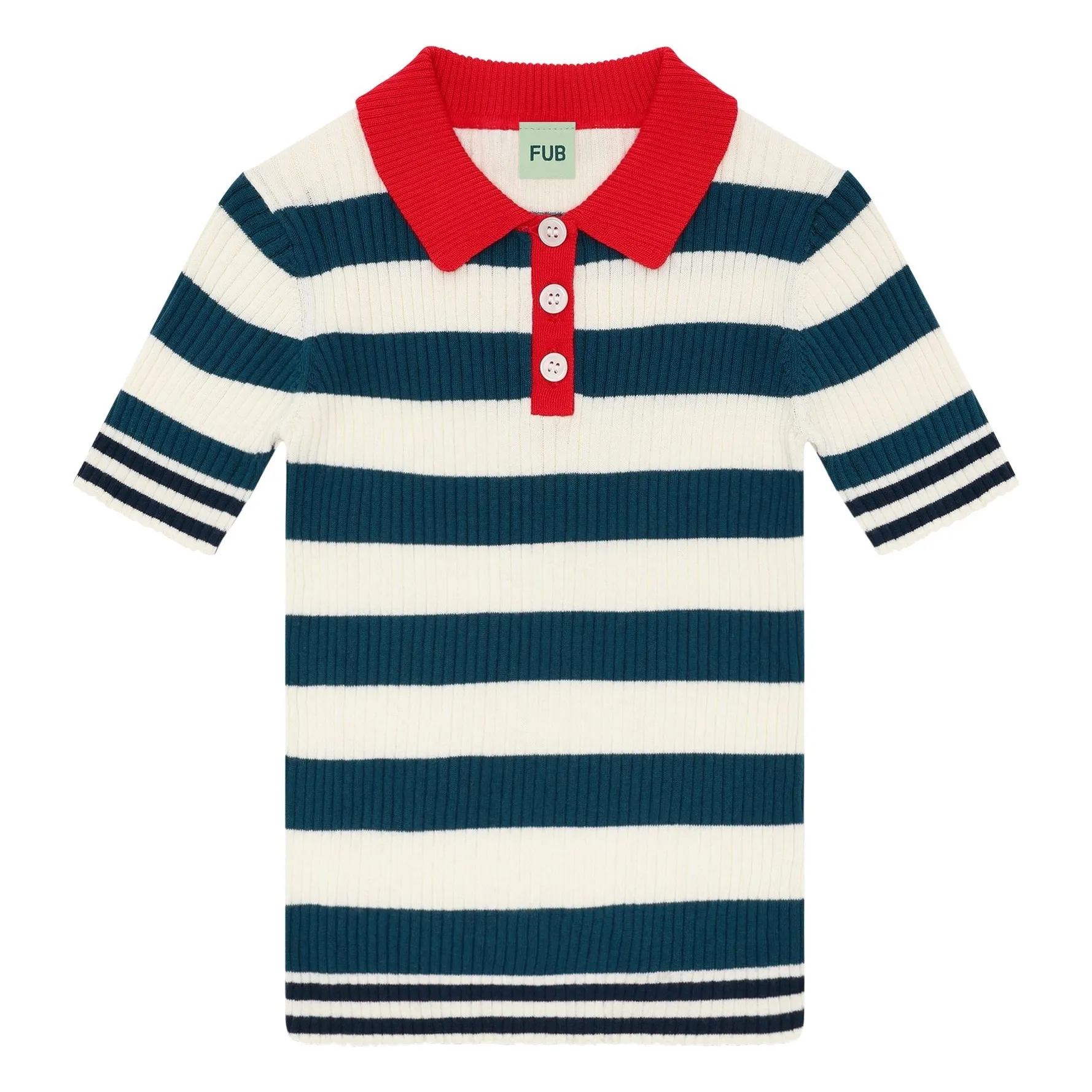 Fub Navy Blue Striped Ribbed Polo Shirt Fine Organic Cotton Knit