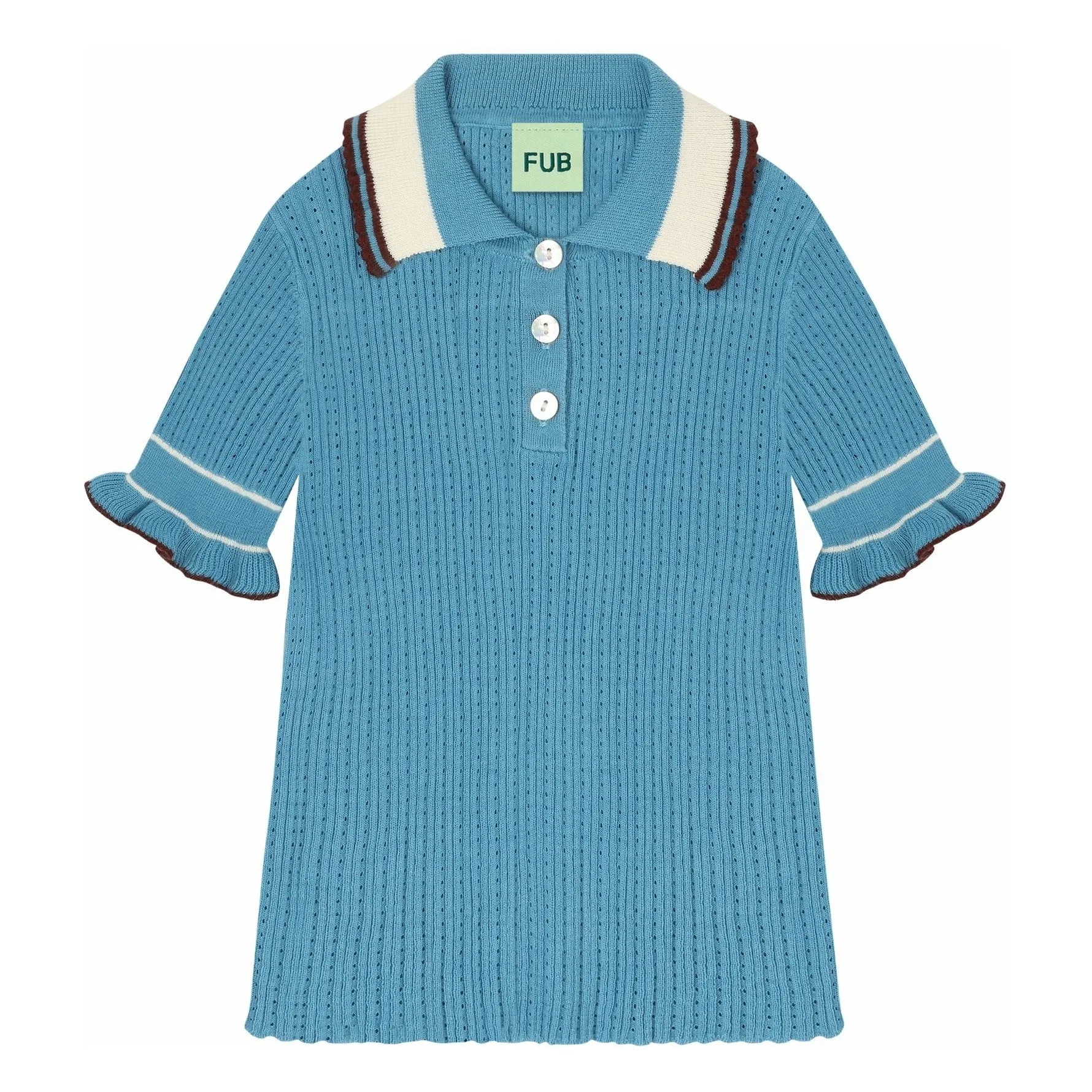 Fub Azure Blue Polo Pointelle Maille Fine Coton Bio