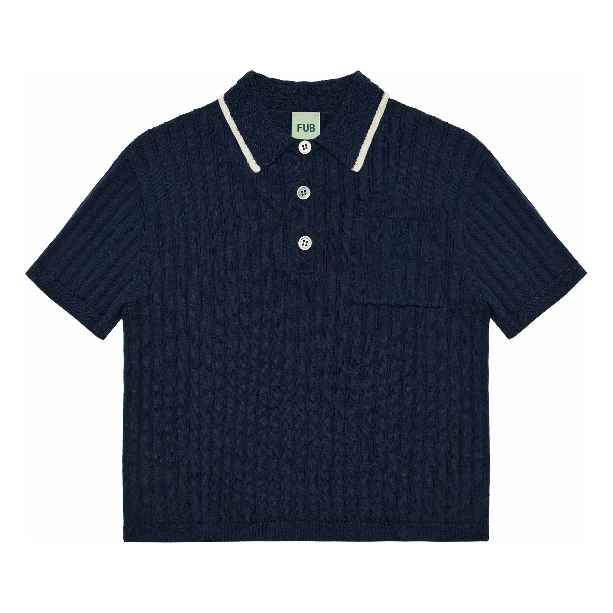 Fub Navy Blue Organic Cotton Fine Knit Ribbed Polo Shirt