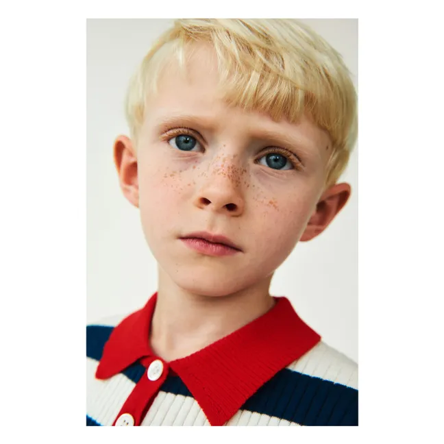 Polo Côtelé Rayé Maille Fine Coton Bio | Bleu marine