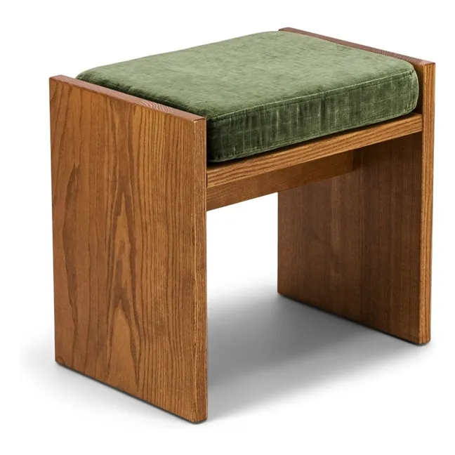 Tabouret Chiesa velours côtelé brillant et frêne finition iroko | Vert olive