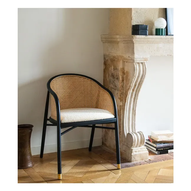 Sillón de caña Cavalo de haya y lana bouclette | Crema