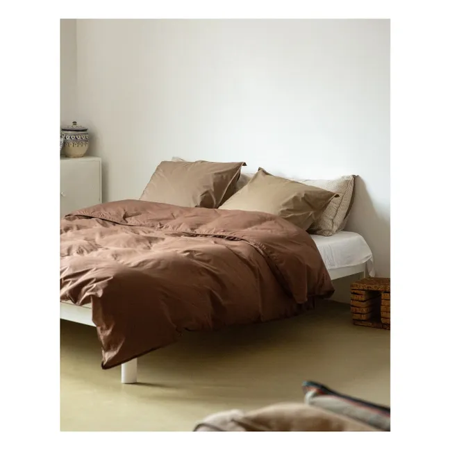 Funda de almohada a rayas en percal bio - Marrón-Crudo | Marrón