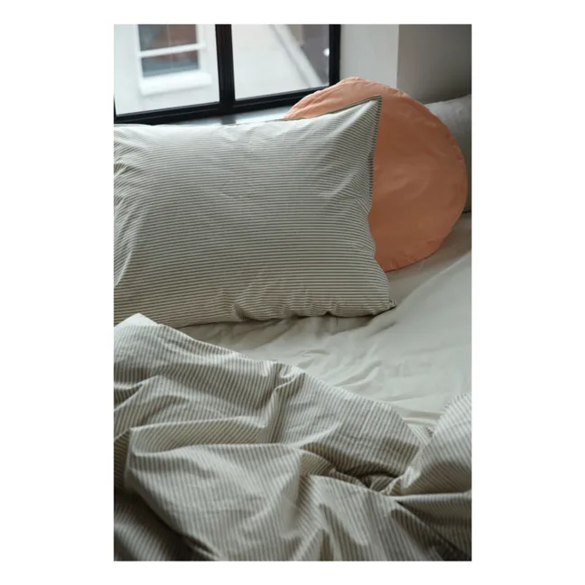 Funda de almohada a rayas en percal ecológico - Oliva-Crudo | Olive