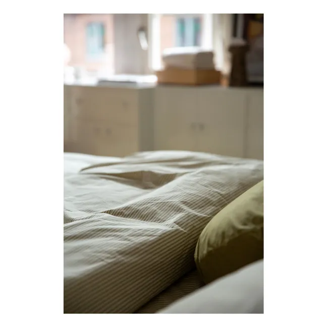 Housse de couette Striped en percale organique - Olive-Ecru | Olive