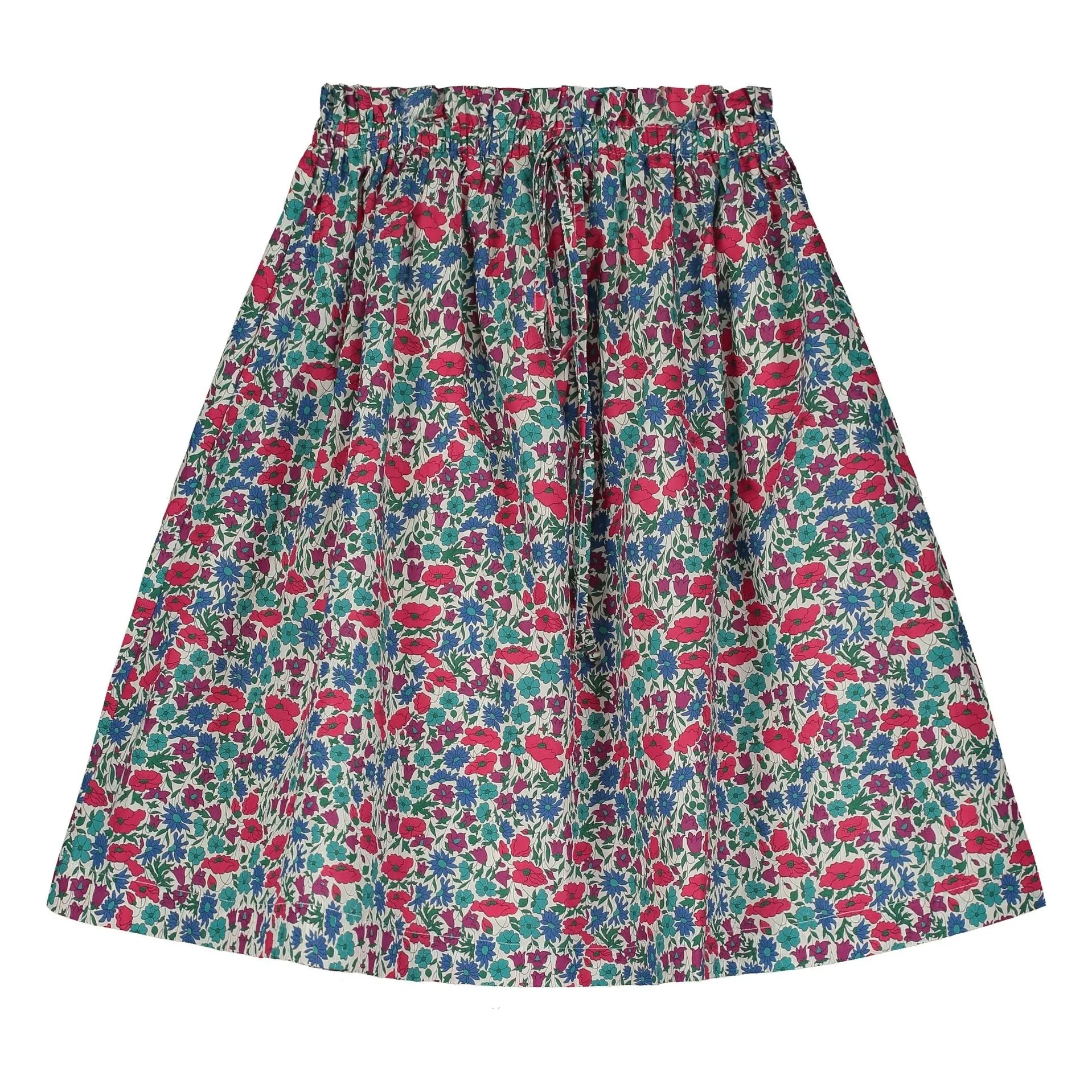 Tangerine Raspberry Red Floral Elasticated Waist Midi Skirt