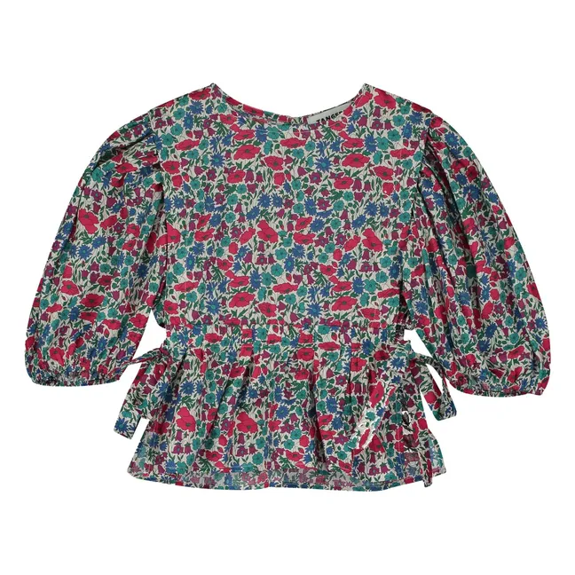 Blouse with floral puffed sleeves  | Raspberry Red