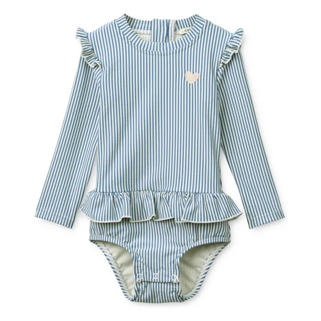 Maillot de Bain Manches Longues Sille Rayé Seersucker Fibres Recyclées Bébé | Bleu