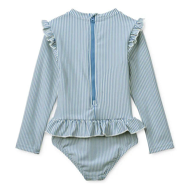 Maillot de Bain Manches Longues Sille Rayé Seersucker Fibres Recyclées | Bleu