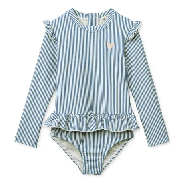 Maillot de Bain Manches Longues Sille Rayé Seersucker Fibres Recyclées | Bleu