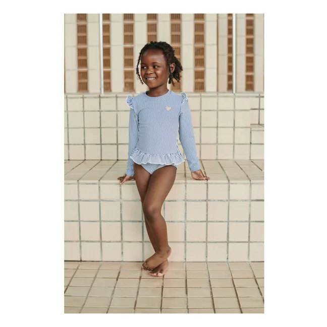 Costume da bagno a maniche lunghe Sille a righe in seersucker Fibre riciclate | Blu