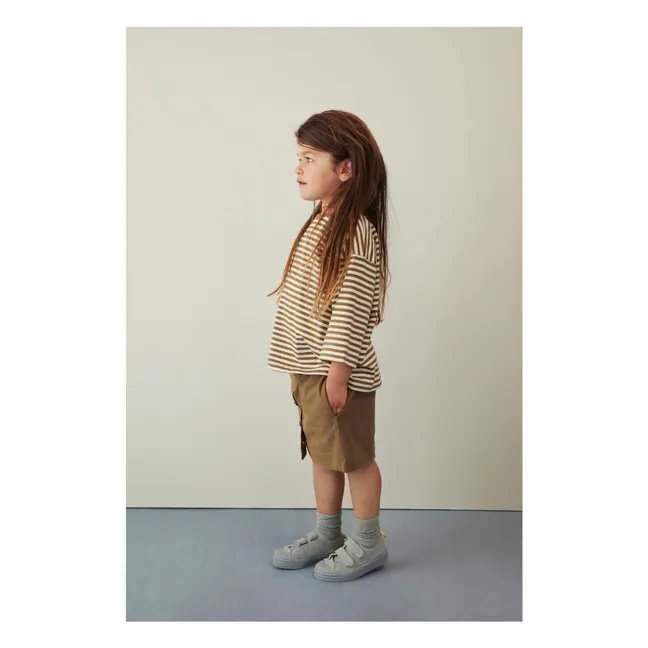 3/4 Sleeve Striped Organic Cotton T-shirt | Khaki brown
