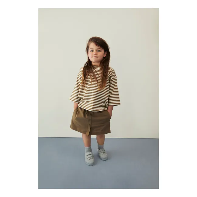 3/4 Sleeve Striped Organic Cotton T-shirt | Khaki brown