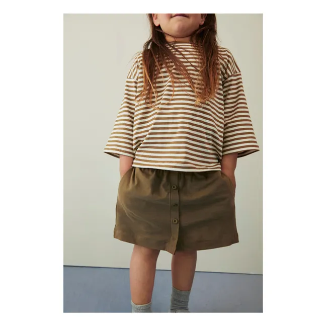 3/4 Sleeve Striped Organic Cotton T-shirt | Khaki brown