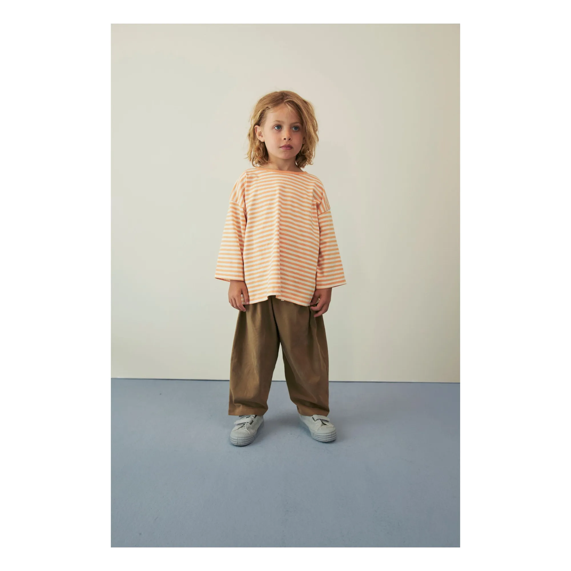 T-shirt Manches 3/4 Rayé Coton Bio | Abricot- Image produit n°1