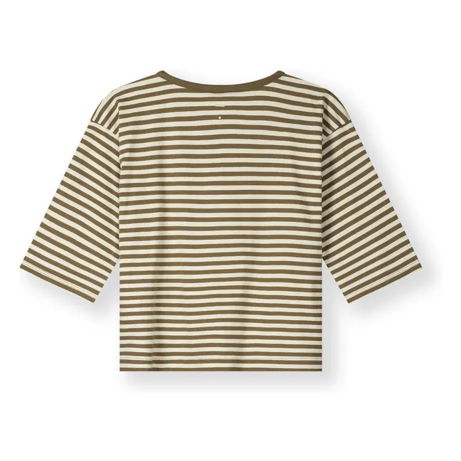 3/4 Sleeve Striped Organic Cotton T-shirt | Khaki brown