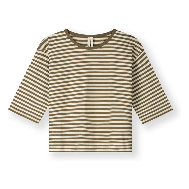 3/4 Sleeve Striped Organic Cotton T-shirt | Khaki brown