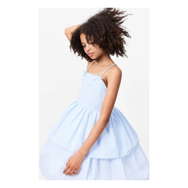 Vestido de rayas de algodón orgánico con volantes Chelsea | Azul Pálido
