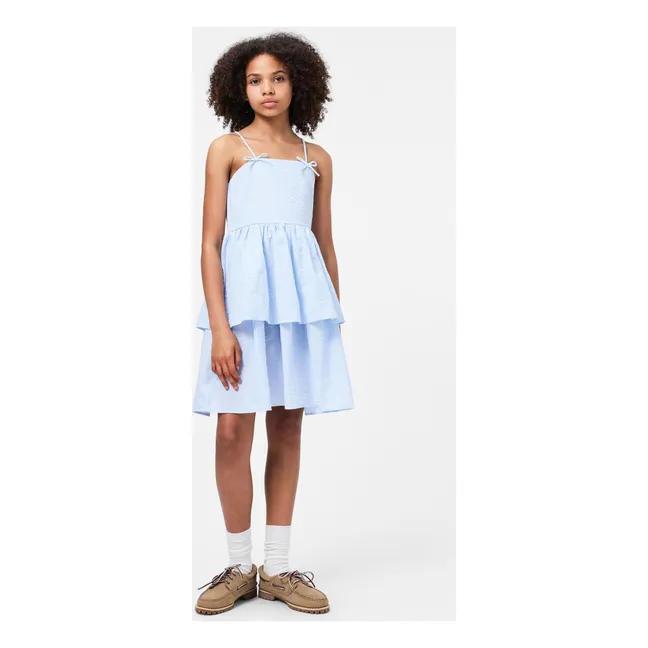 Vestido de rayas de algodón orgánico con volantes Chelsea | Azul Pálido