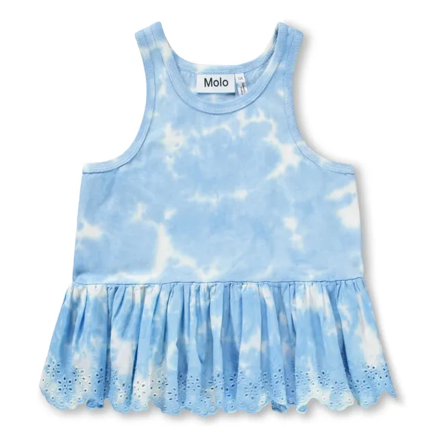 Camiseta de tirantes Rosa Tie and Dye de algodón orgánico con volantes | Azul Claro