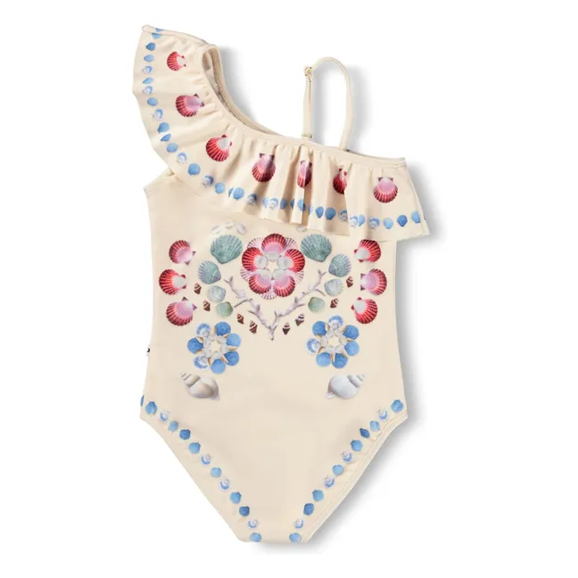 Asymmetrical Ruffle Swimsuit Net Shells Recycled Fibers  | Ecru
