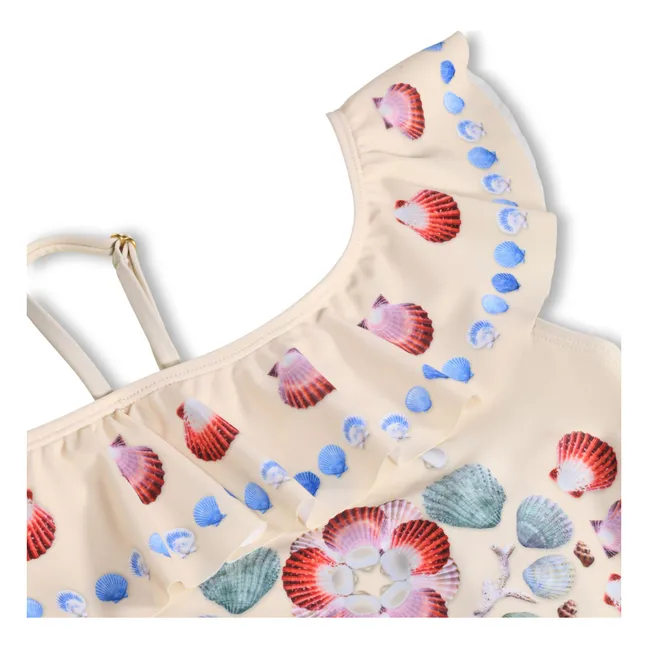 Traje de baño asimétrico con volantes Conchas de red Fibras recicladas  | Crudo