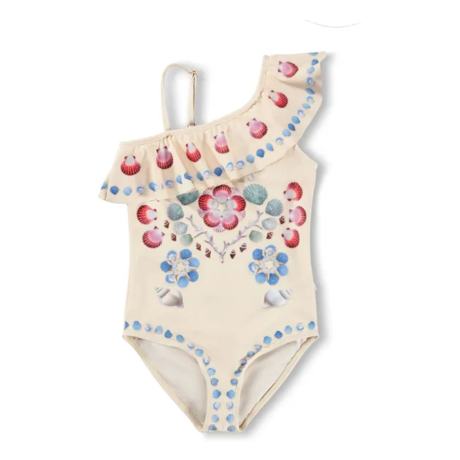 Traje de baño asimétrico con volantes Conchas de red Fibras recicladas  | Crudo