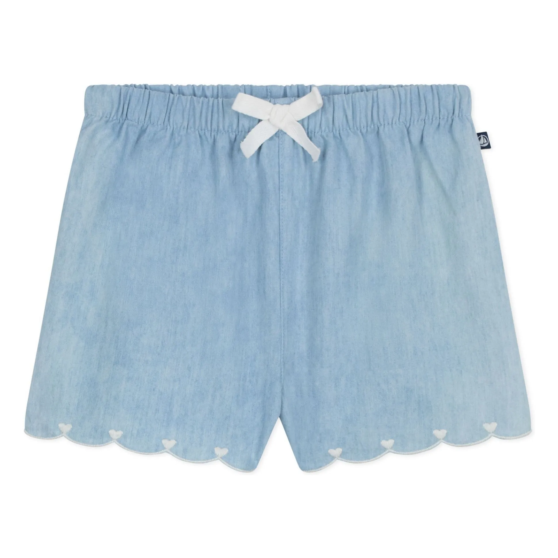 Petit Bateau Girls Light Blue Chambray Hearts Embroidery Shorts