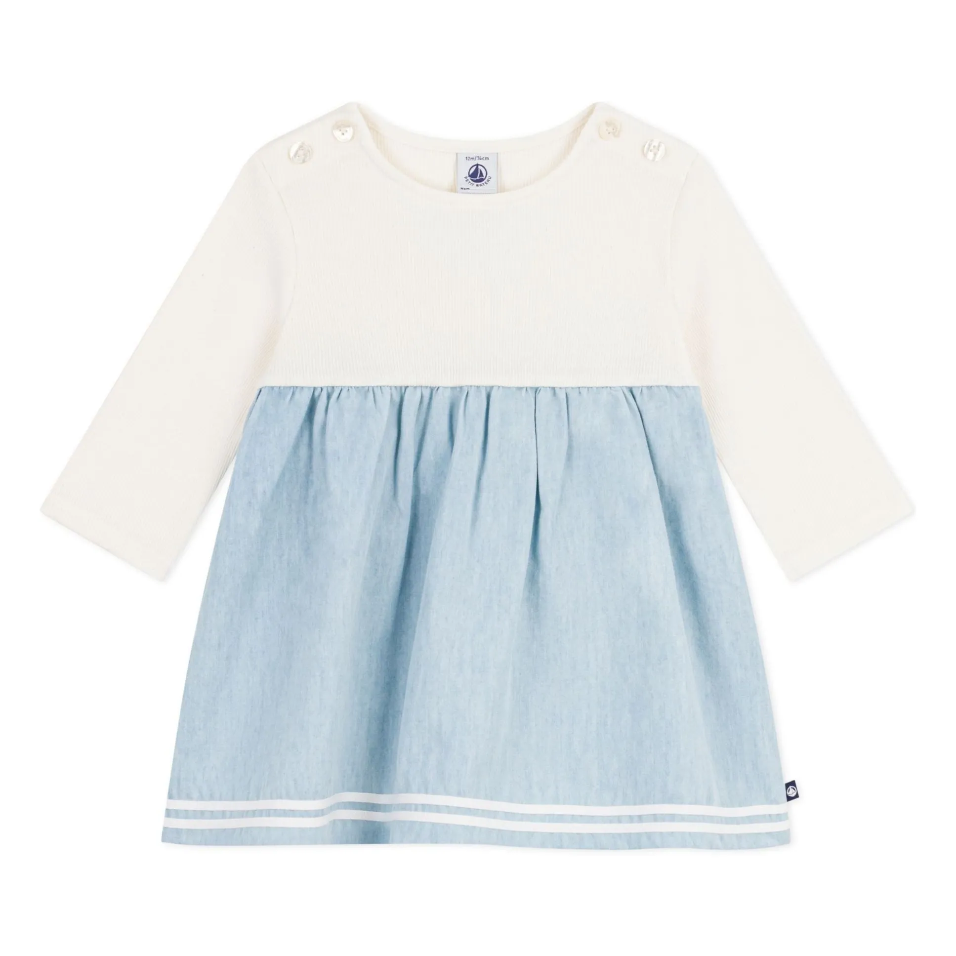Petit Bateau Girls Ecru Chambray Shirred Dress