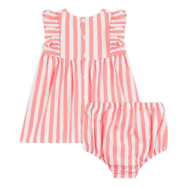 Striped Seersucker Organic Cotton Dress and Bloomer Set | Coral
