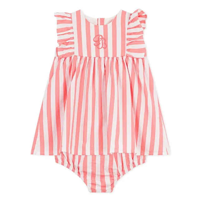 Striped Seersucker Organic Cotton Dress and Bloomer Set | Coral