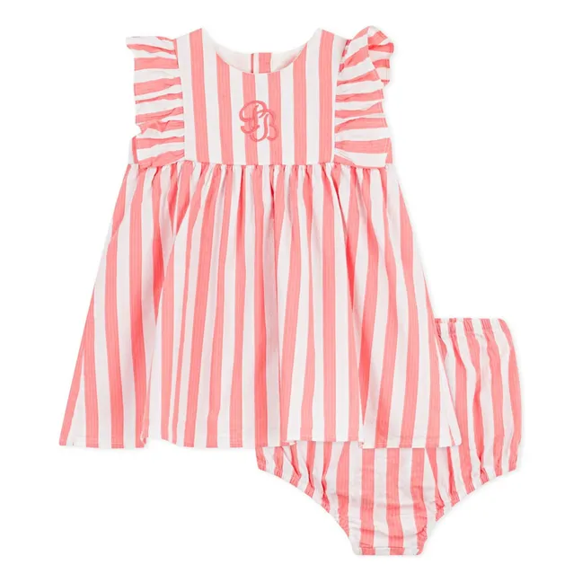 Striped Seersucker Organic Cotton Dress and Bloomer Set | Coral