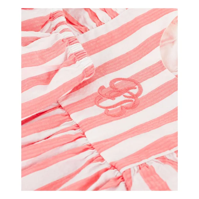 Striped Seersucker Organic Cotton Dress and Bloomer Set | Coral
